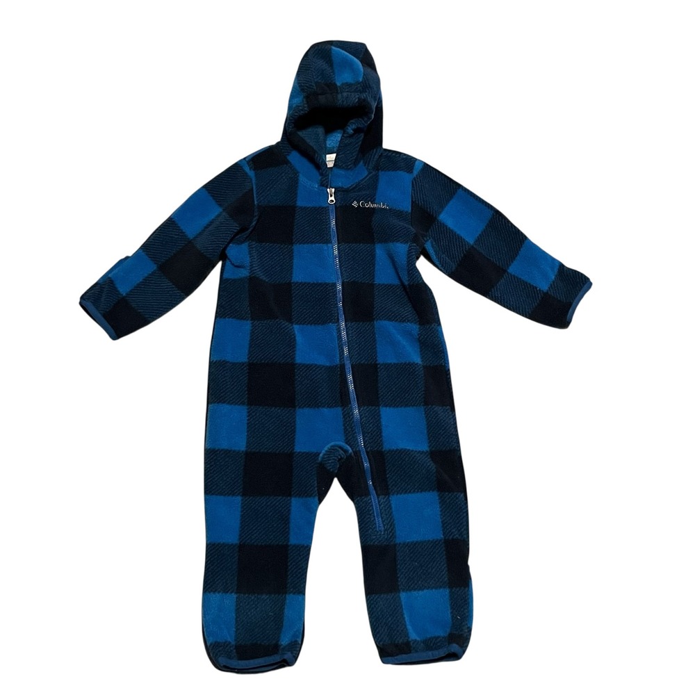 Columbia Baby Snuggly Fleece Bunting Blue Buffalo Plaid Hooded‎ Romper 12-18M